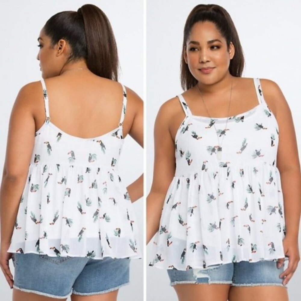 Torrid | Chiffon Peplum Toucan Print Babydoll Tank | Size 00 - Picture 2 of 11